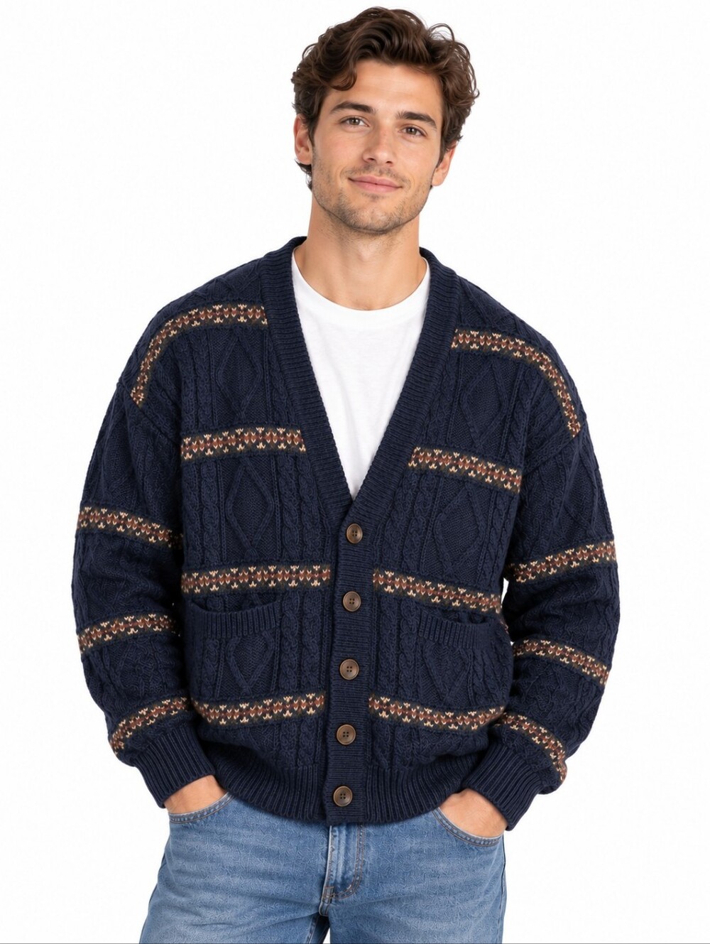 Vintage Nautica Cable Knit Cardigan Sweater Navy Wool M Oversized Grandpa